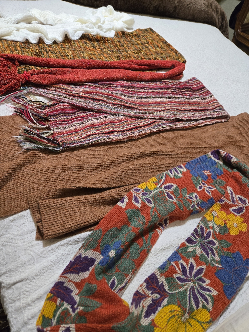 Assorted Lot Of 6 Floral and Solid Knit Scarves - Rust Floral & Brown